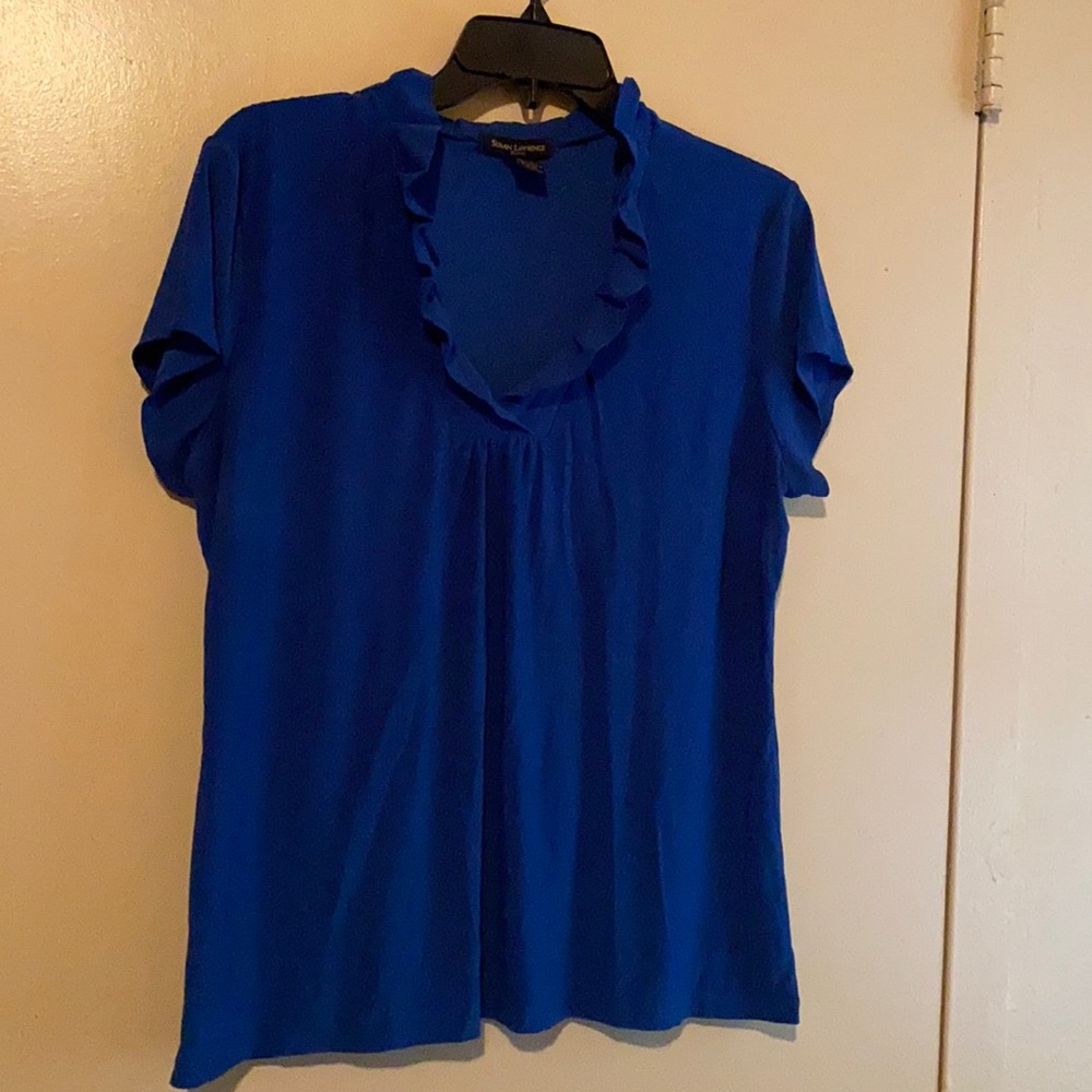 Susan Lawerence Petite Navy Blue Ruffled V-neck Blouse Size: PXL